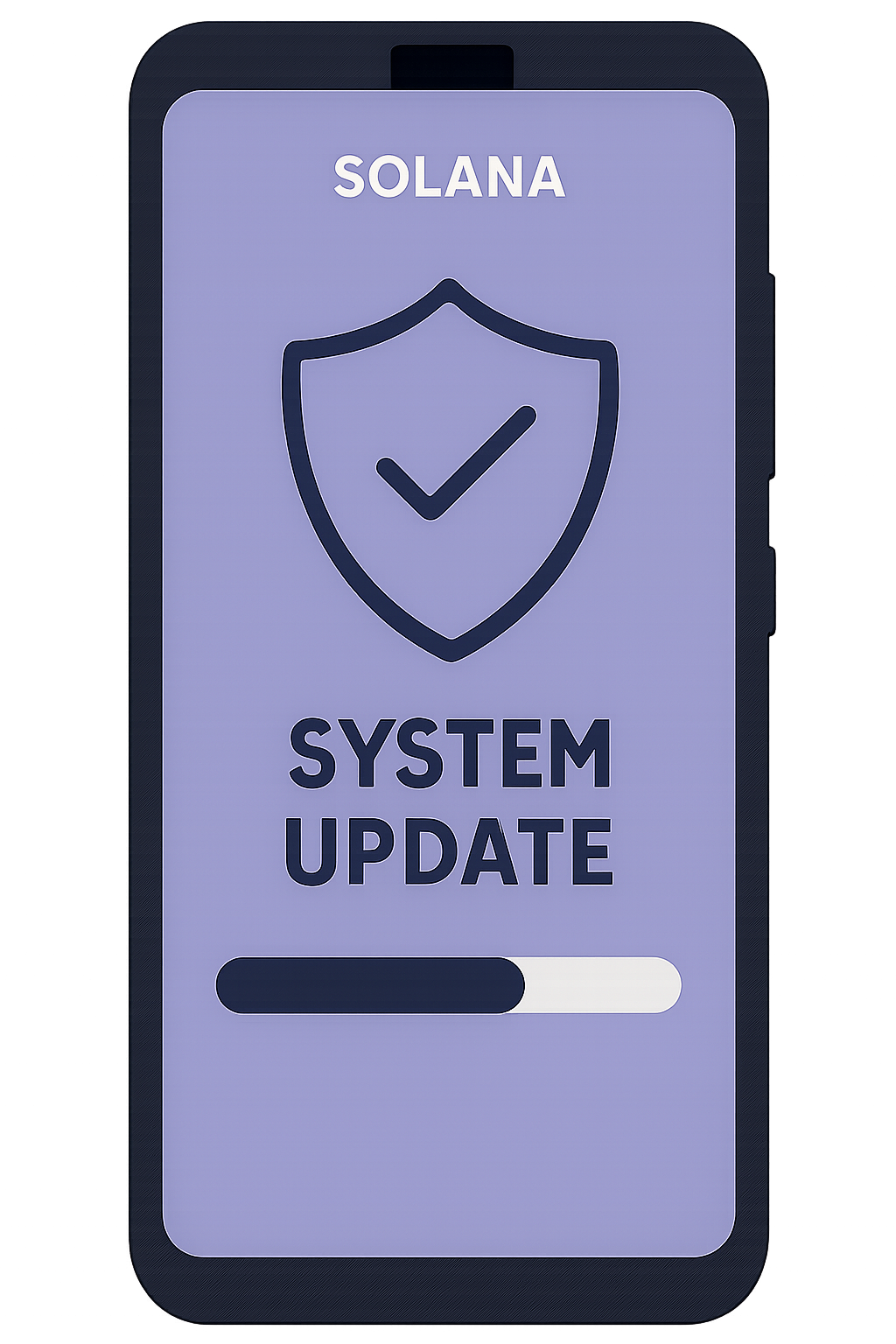 A Solana Saga phone screen displaying a system update progress bar, with a shield icon symbolizing security.