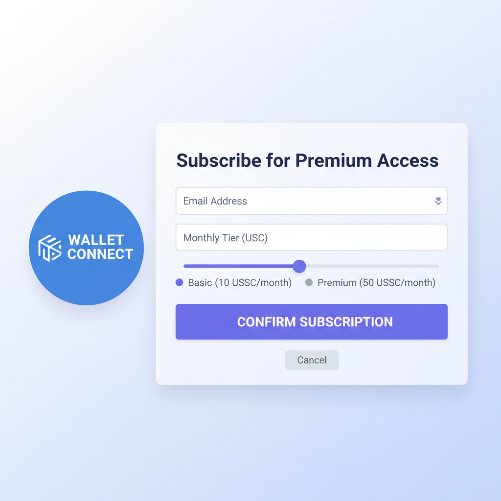 Modern web app interface wallet connect button subscription form USDC