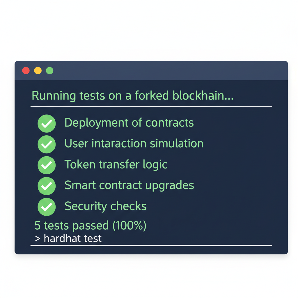 Terminal running Hardhat tests on blockchain fork with green pass icons