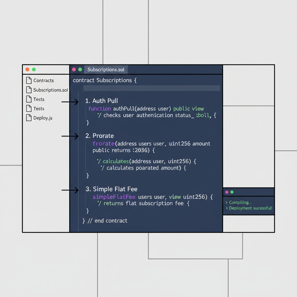 Solidity code editor screen with subscription smart contract functions for auth pull prorate