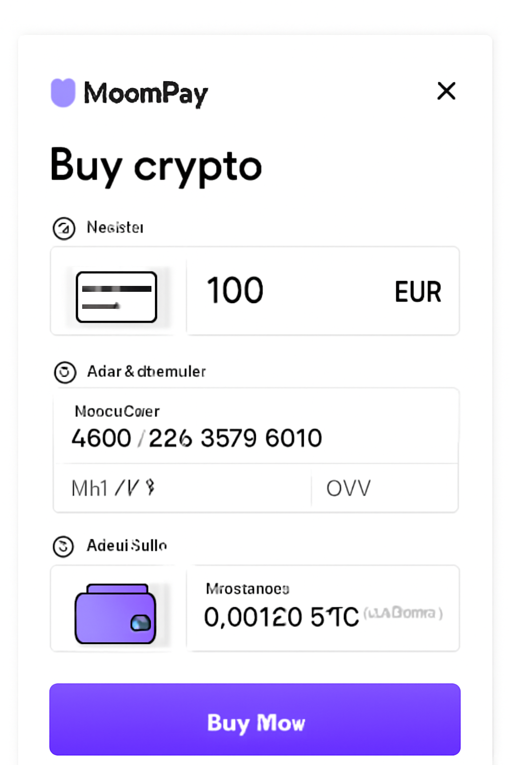 Screenshot of MoonPay fiat-to-crypto purchase interface, card input and wallet address fields, modern web UI