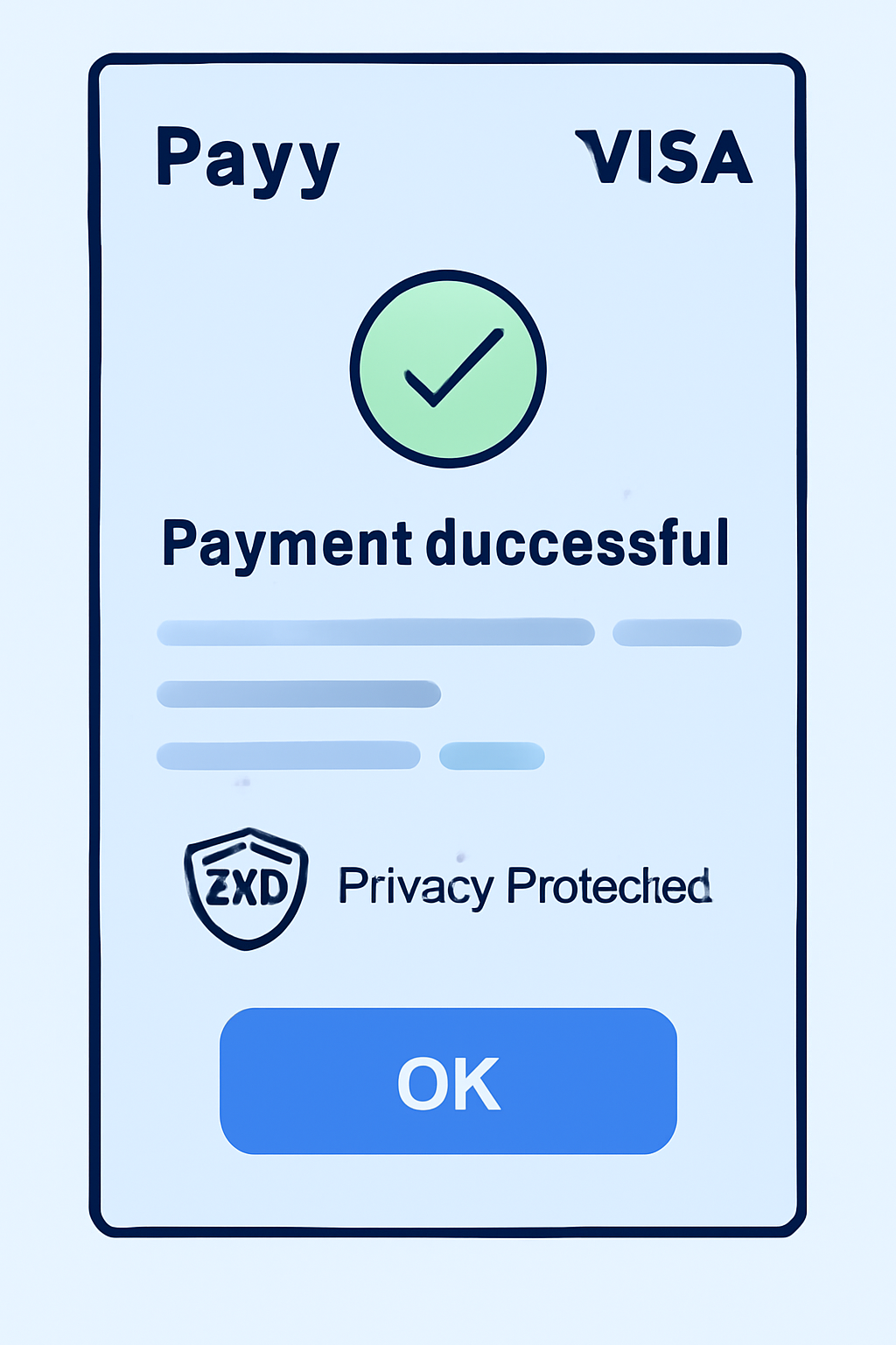 Screenshot of Payy Visa card spending confirmation screen with ZKP privacy indicator, transaction details blurred