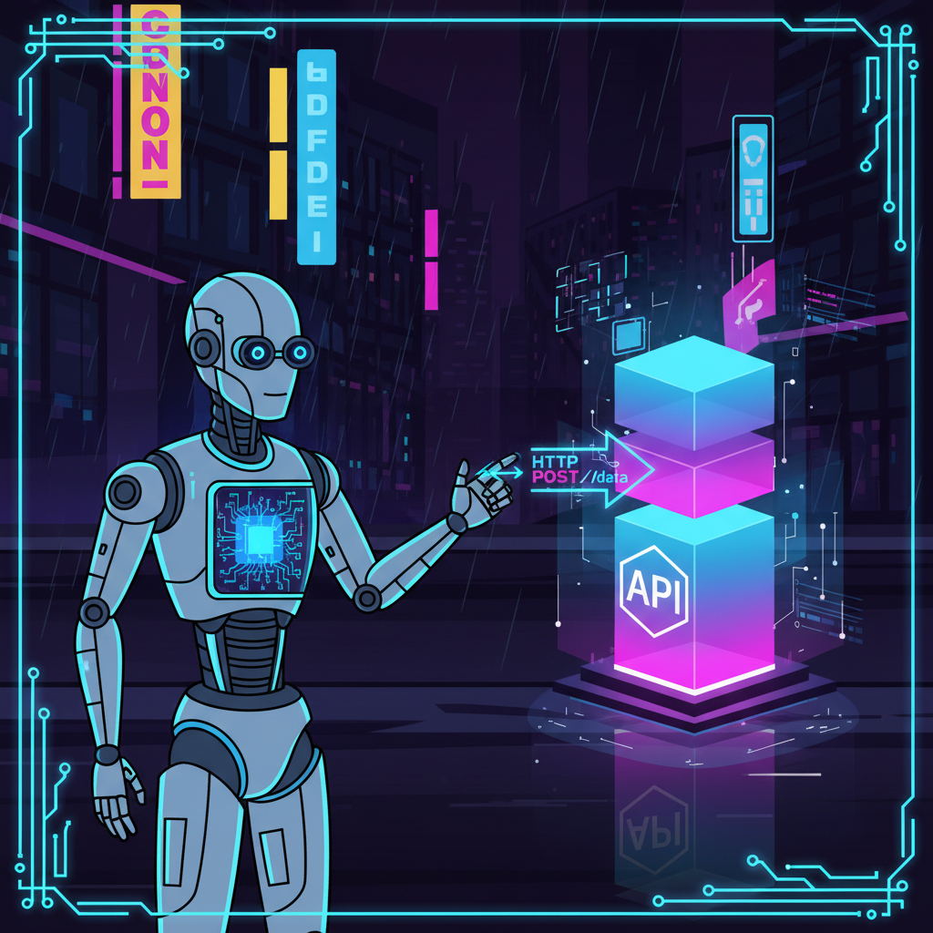 futuristic AI robot sending HTTP request arrow to glowing API server, neon cyberpunk style