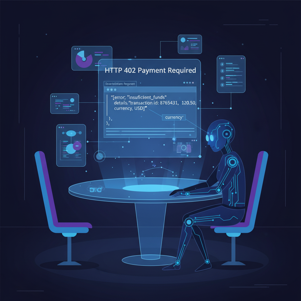 AI agent dissecting JSON payment data from 402 response, holographic code display, sci-fi interface