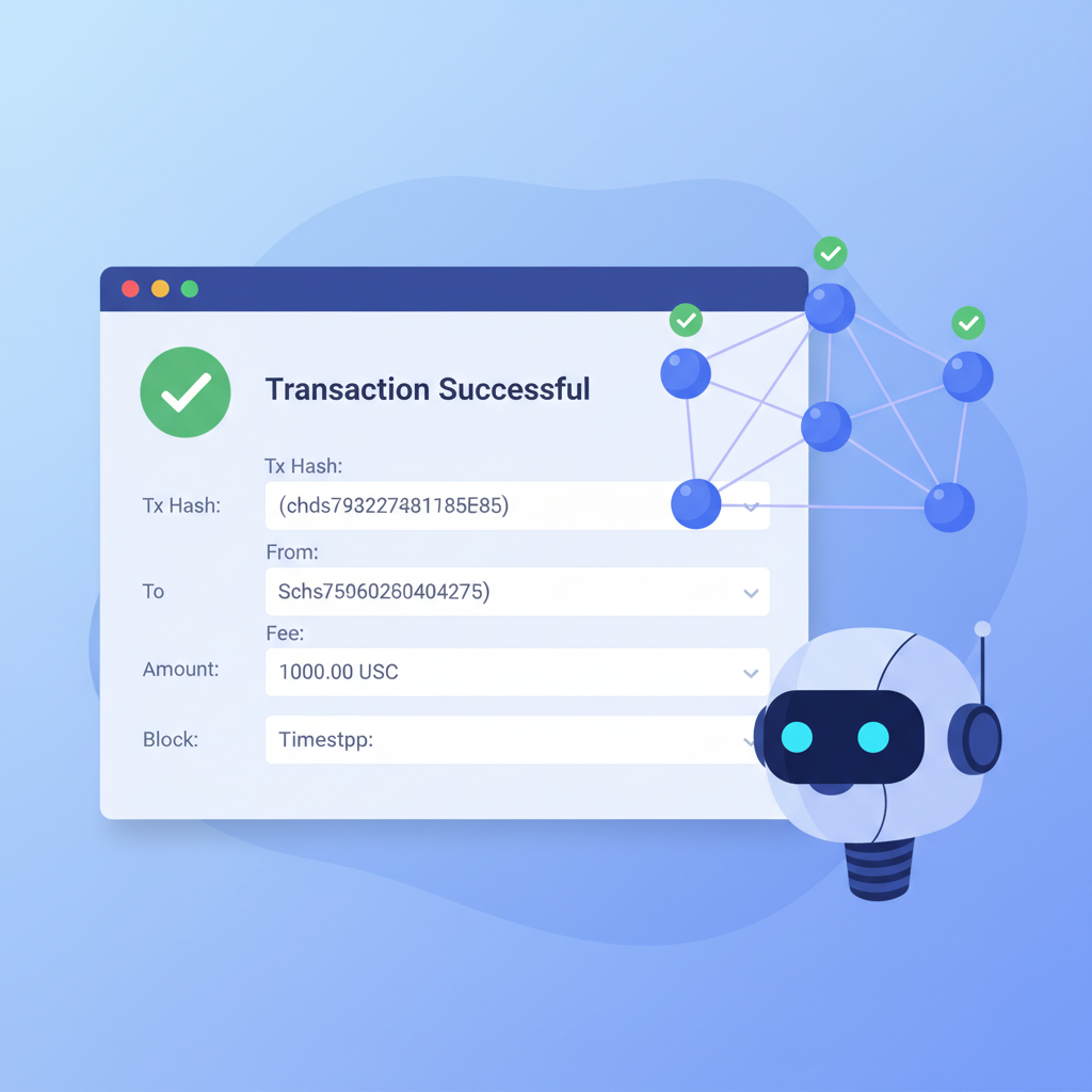 blockchain explorer screen verifying USDC tx success, checkmark icon, AI agent monitoring nodes