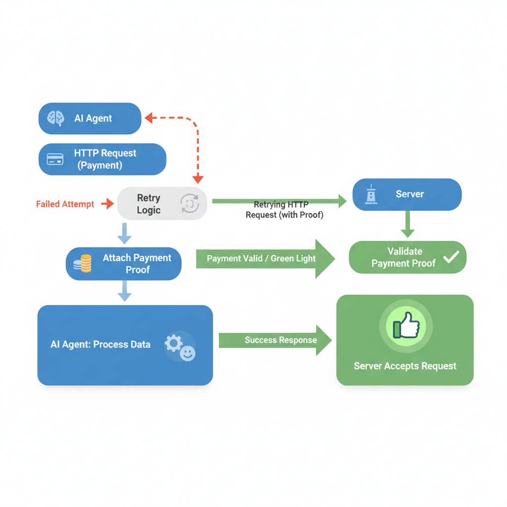 AI agent retrying HTTP request with payment proof, server accepting green light, success flow diagram