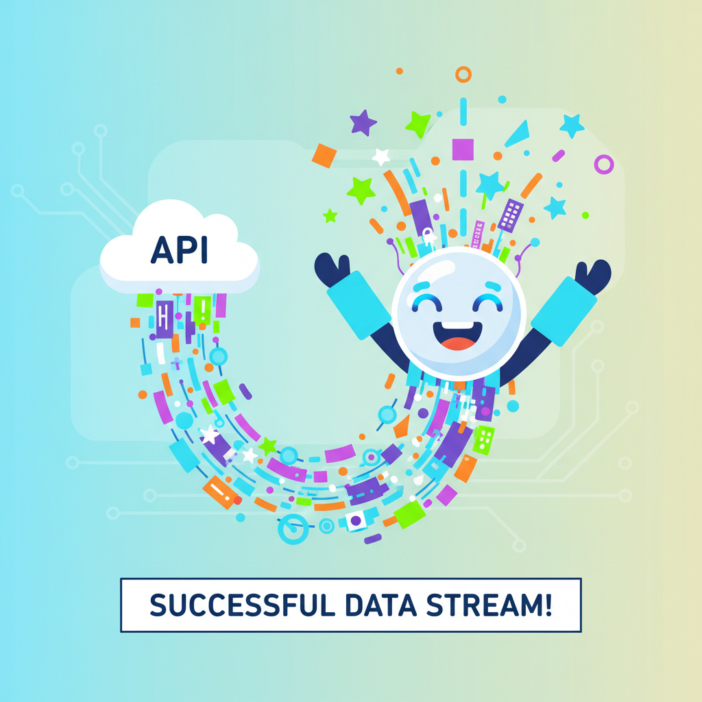 successful API response data streaming to happy AI agent, confetti digital effects, vibrant tech aesthetic