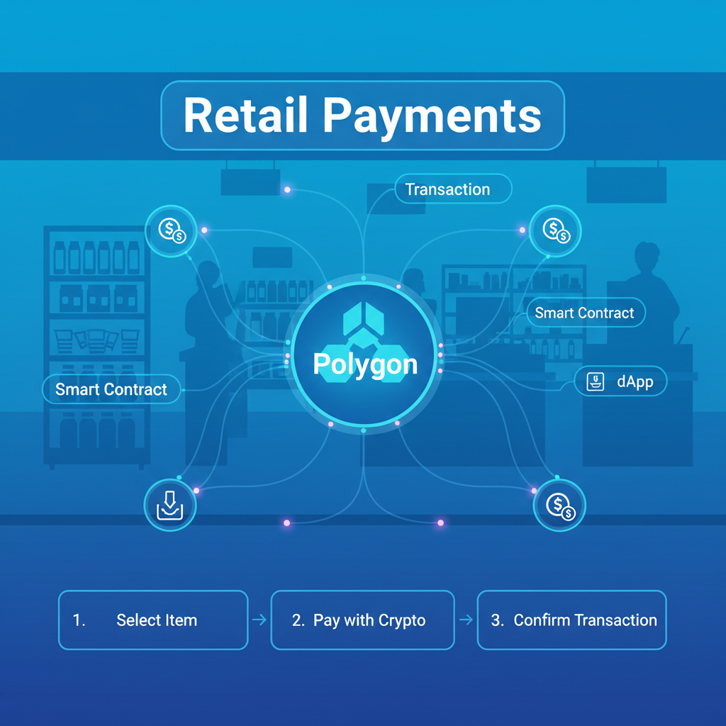 sleek blockchain network diagram with Polygon logo, low fee icons, retail store background, futuristic blue tones