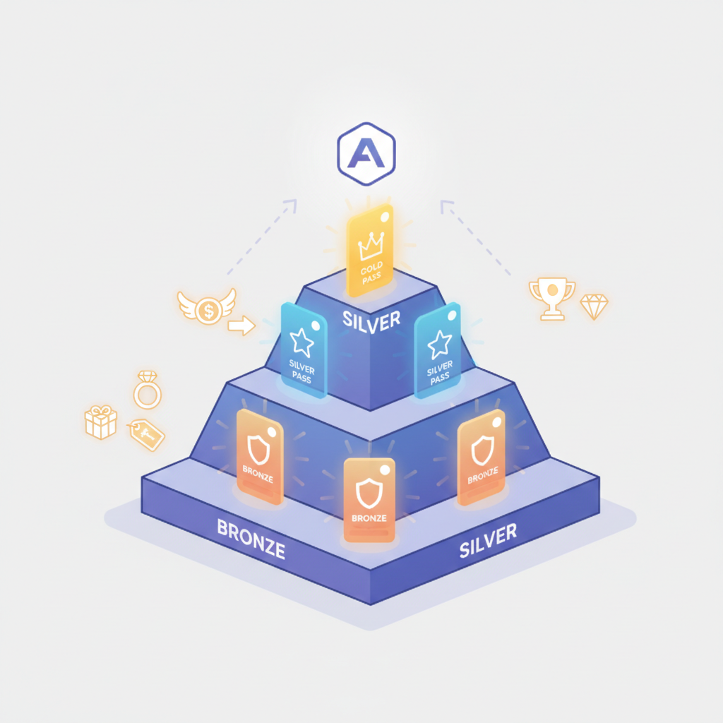 tiered loyalty pyramid with NFT cards at levels bronze silver gold, glowing rewards icons, brand logo placeholder