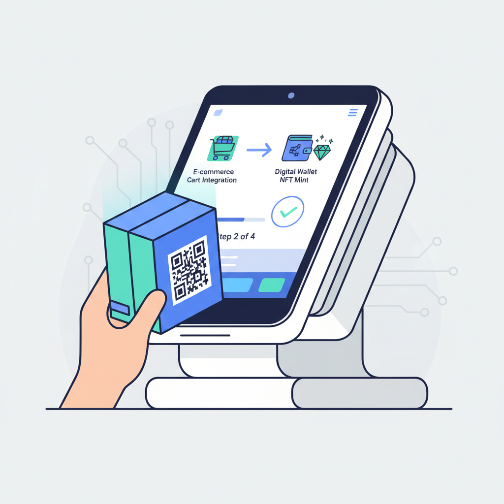 POS terminal scanning product linking to digital wallet NFT mint, e-commerce cart integration, clean tech interface