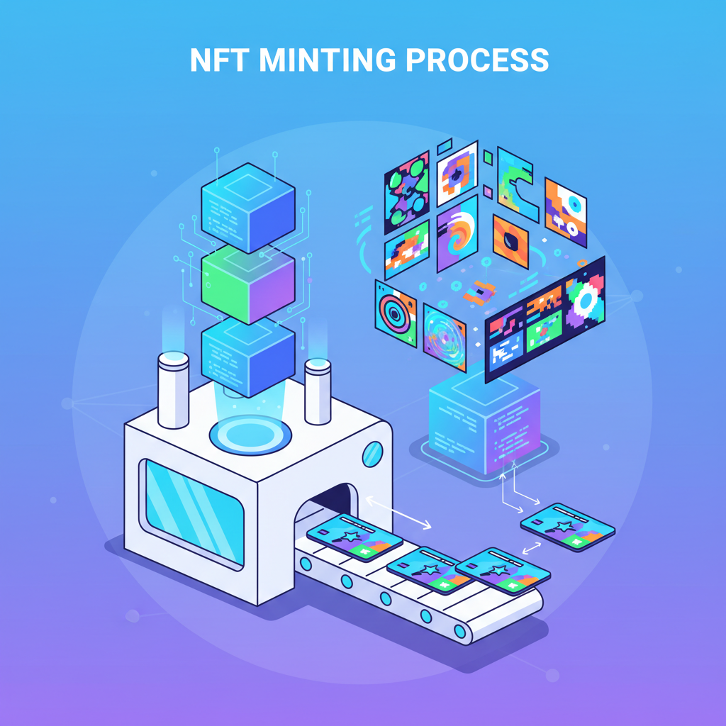 NFT minting factory with loyalty cards emerging, blockchain blocks stacking, vibrant digital art style