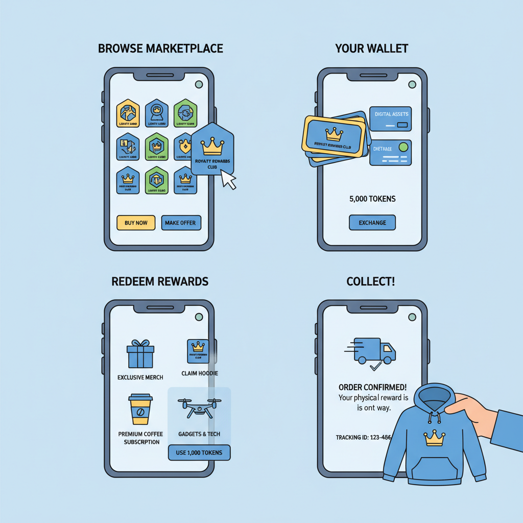NFT loyalty card trading on marketplace app, redemption for physical rewards, wallet to store exchange