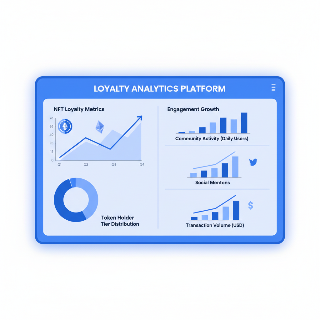 analytics dashboard with NFT loyalty metrics graphs, rising engagement charts, professional blue interface
