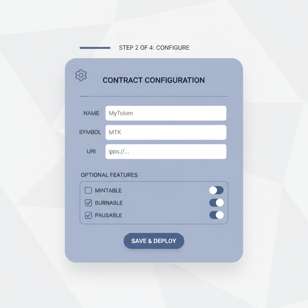 contract configuration form, fields for name symbol URI, professional settings panel