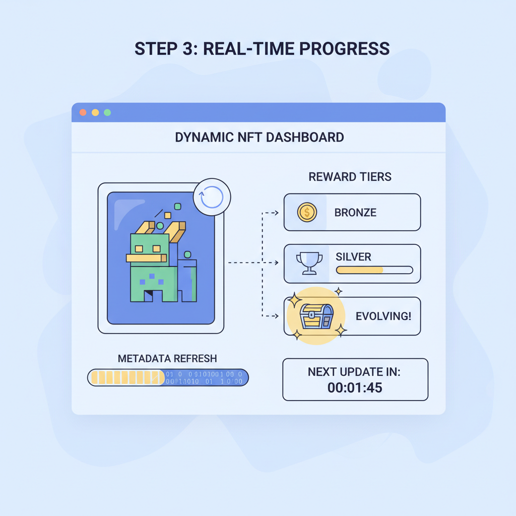 dynamic NFT update dashboard, metadata refresh animation, reward tiers evolving