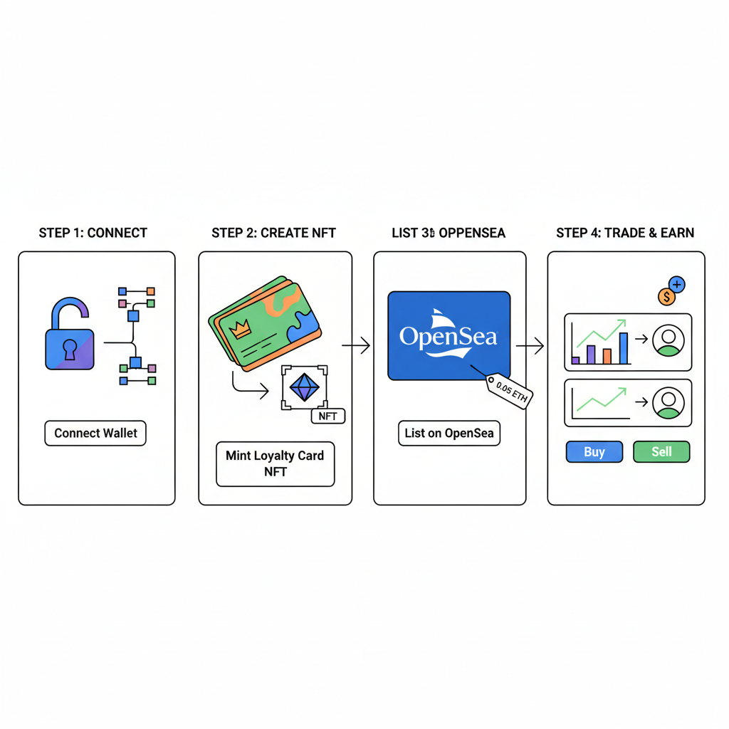 NFT marketplace integration, OpenSea listing loyalty cards, trading interface