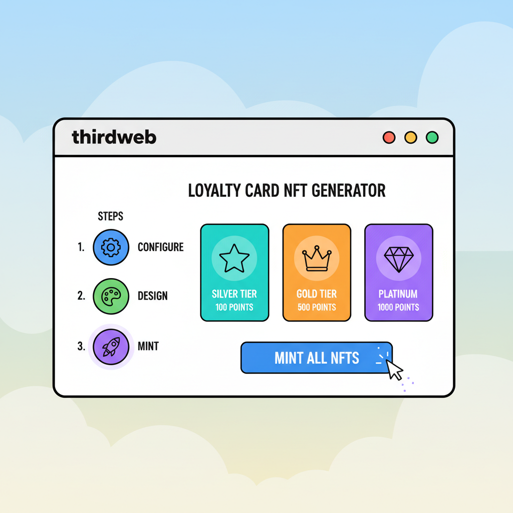 NFT minting interface in thirdweb, loyalty card NFTs generating, vibrant digital cards