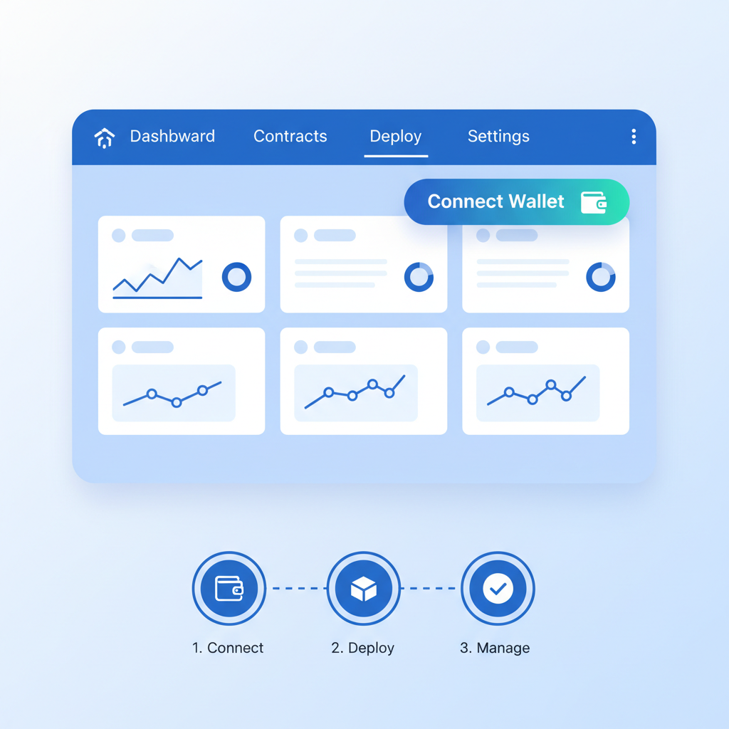 clean thirdweb dashboard UI with wallet connect button, modern web interface, blue tones