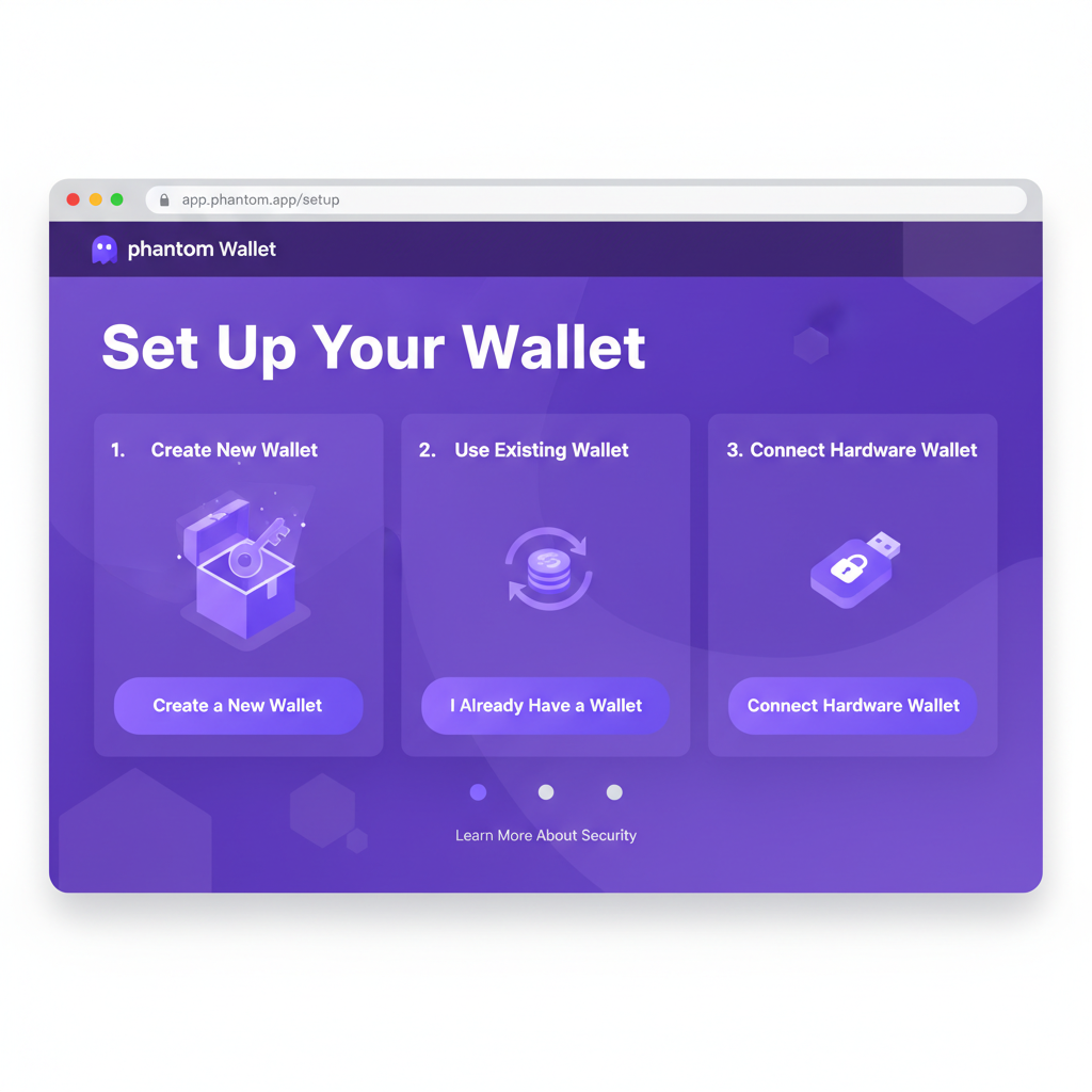 Phantom wallet setup screen on desktop browser, Solana purple theme, clean UI