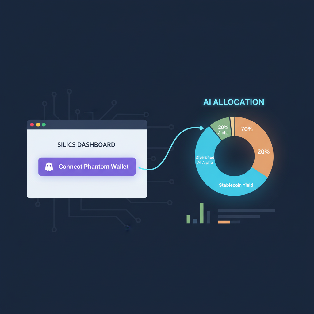 SILICS dashboard connecting Phantom wallet, AI allocation graph glowing