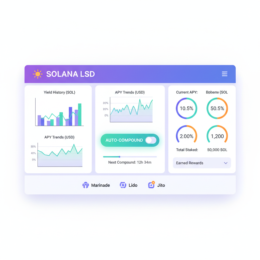 Solana LSD dashboard with yield charts, auto-compound toggle on, metrics display