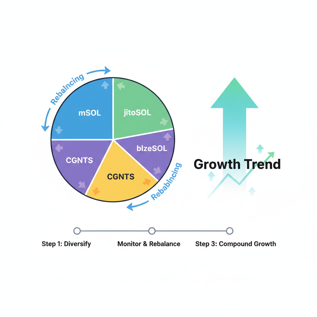 Diversified Solana LST portfolio pie chart, rebalancing arrows, growth trend