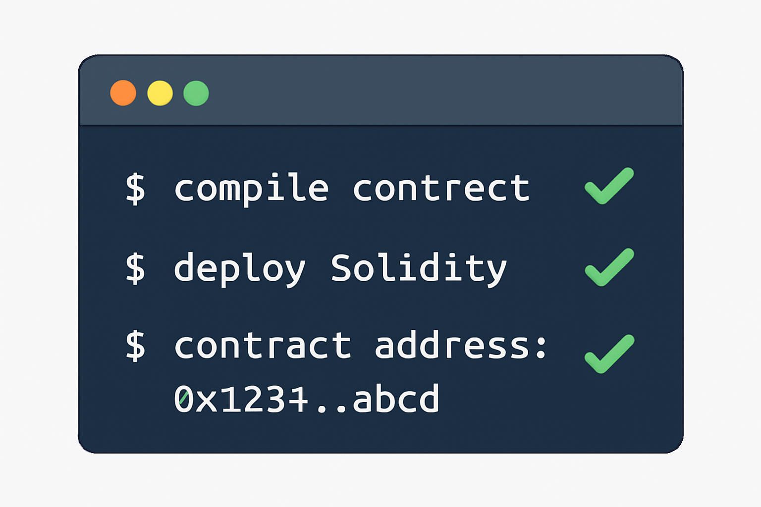 Terminal deploying Solidity contract to Ethereum blockchain with success checkmarks