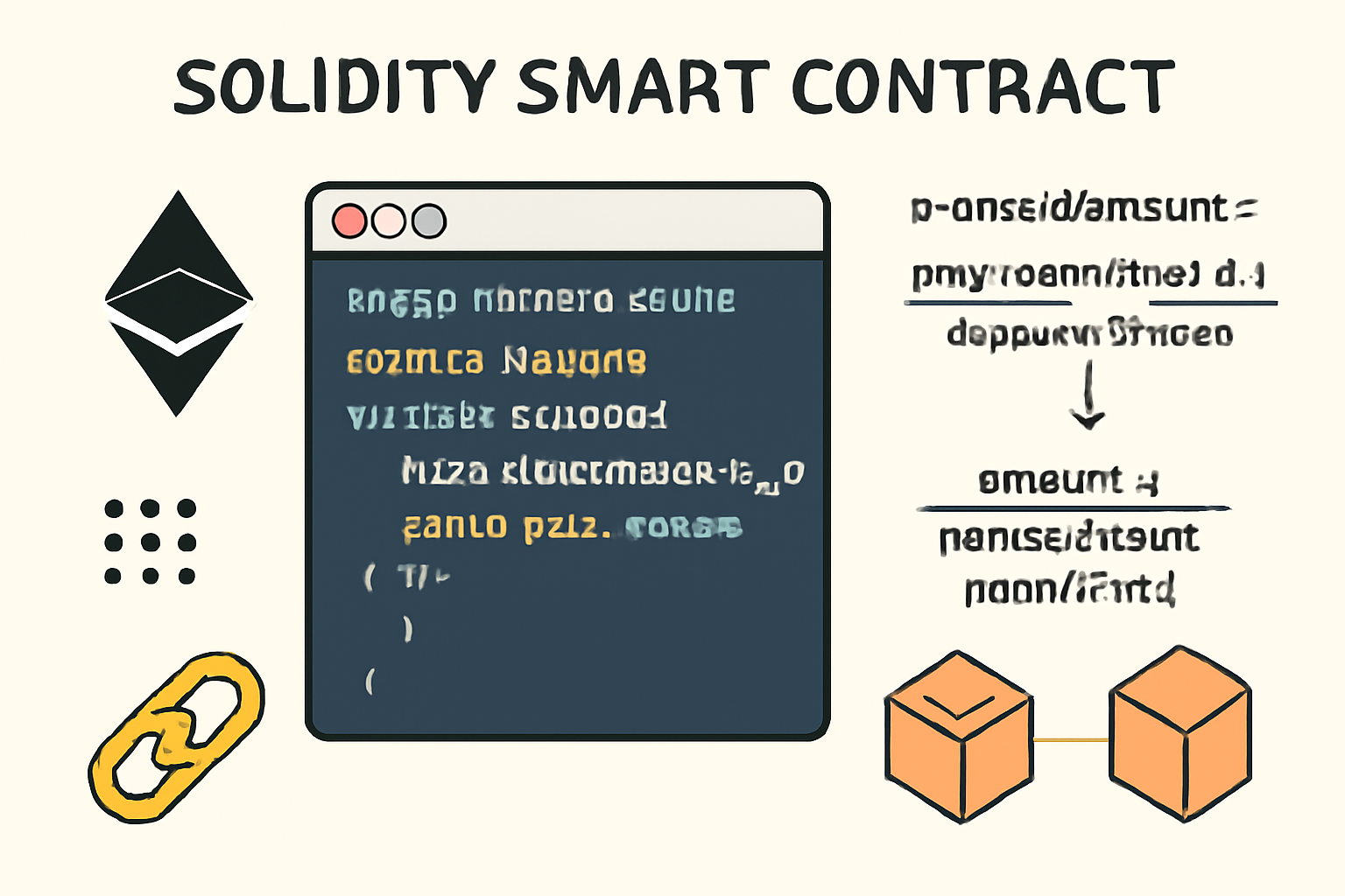 Solidity smart contract code editor with proration formulas and blockchain icons
