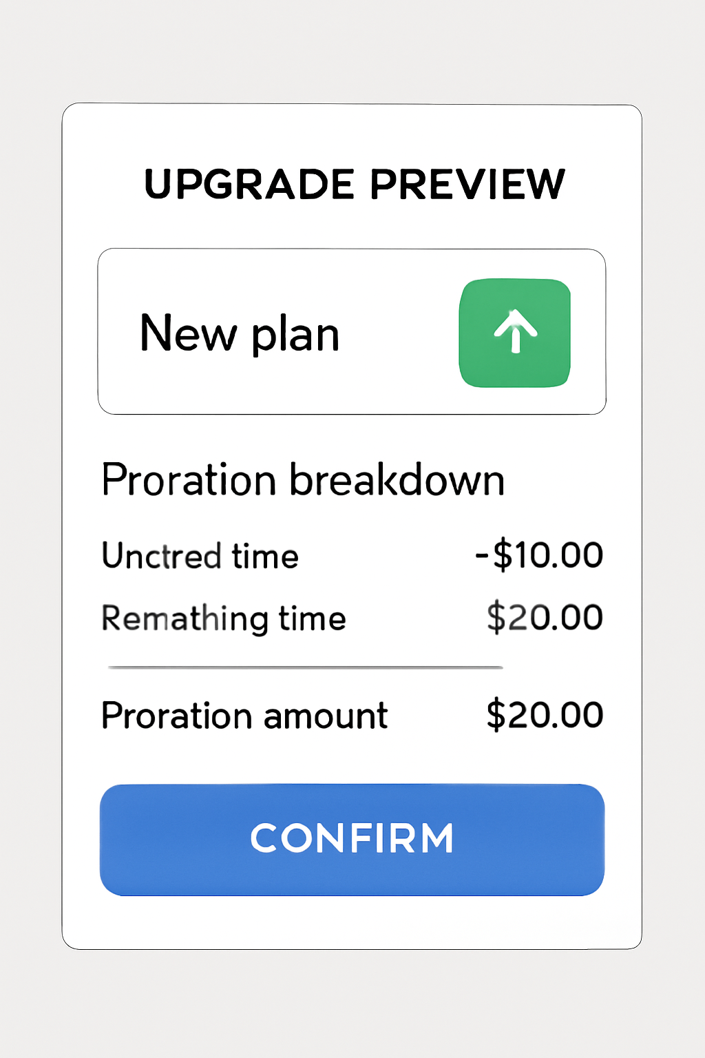 User interface showing upgrade preview with proration breakdown and confirm button