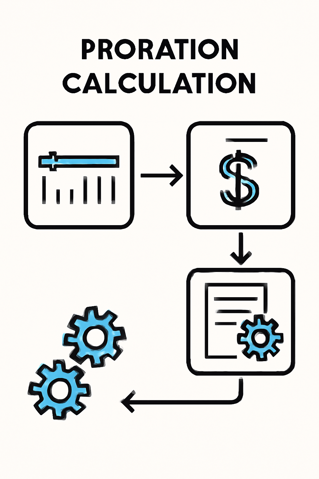 Flowchart of proration calculation: timelines, dollar signs, smart contract gears