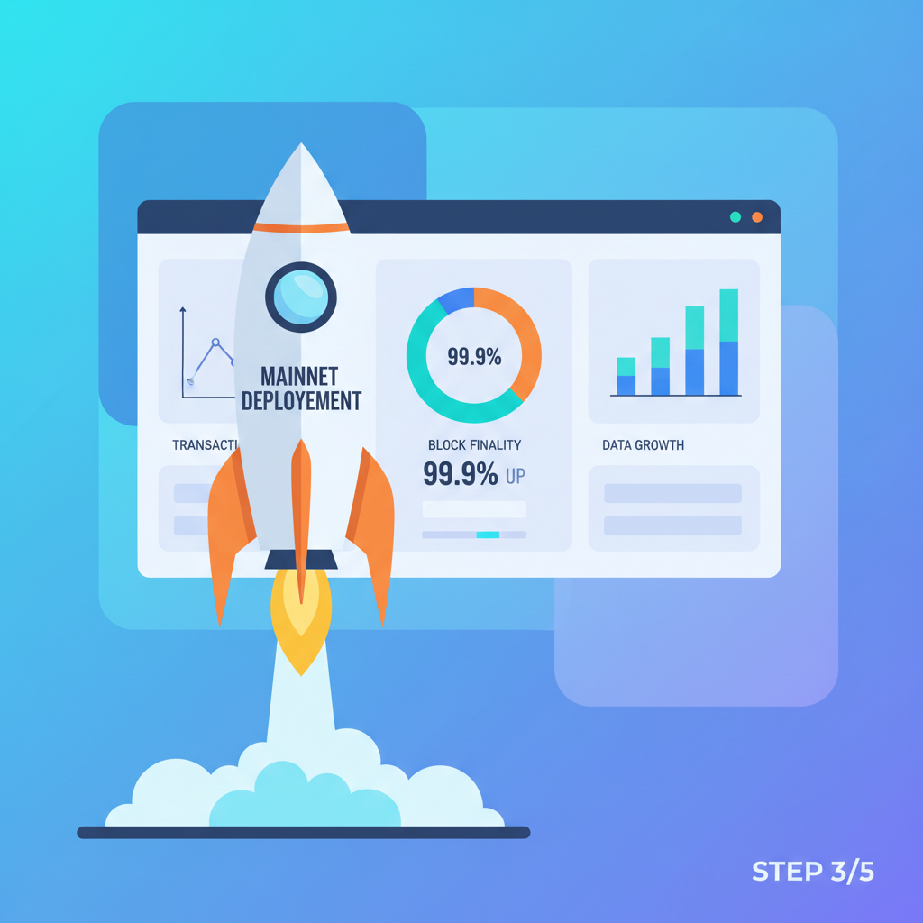 mainnet deployment rocket launching, analytics dashboard in background