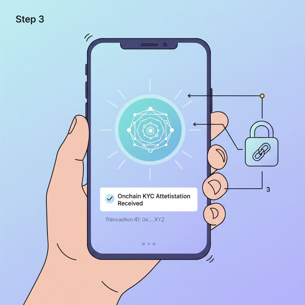 user wallet receiving onchain KYC attestation, glowing crypto proof icon