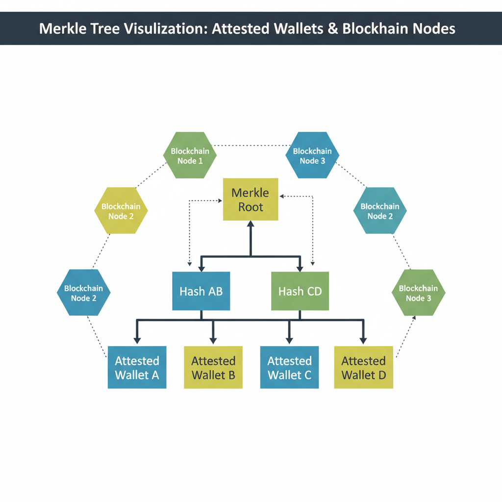 Merkle tree visualization with attested wallets, blockchain nodes connecting
