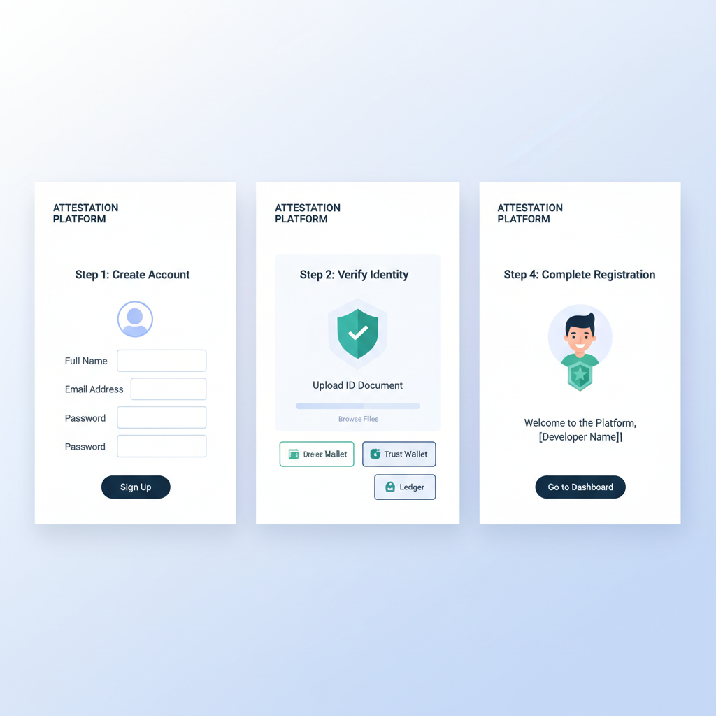 developer registering on attestation platform dashboard, clean modern interface