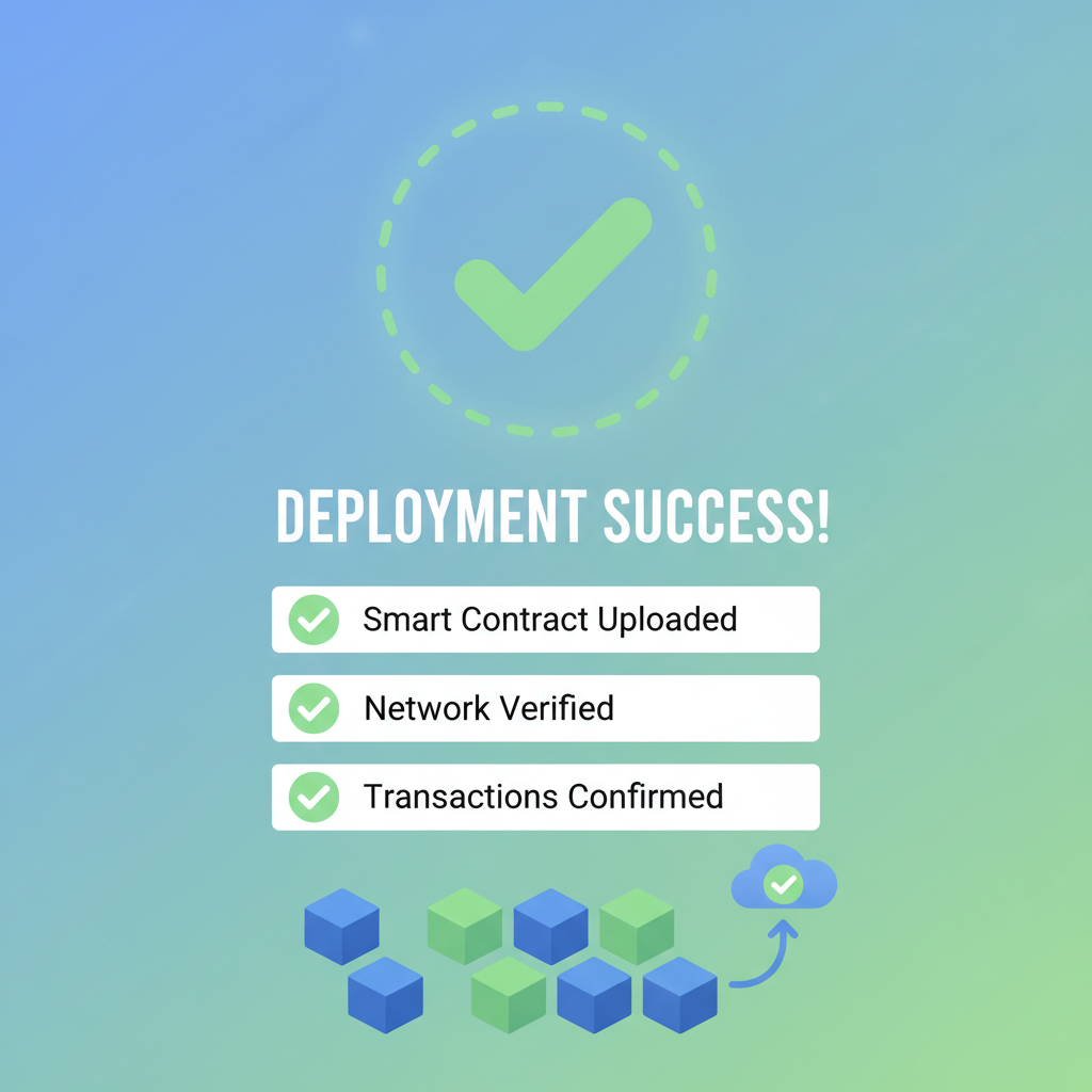 testnet deployment success screen, green checkmarks, blockchain test environment