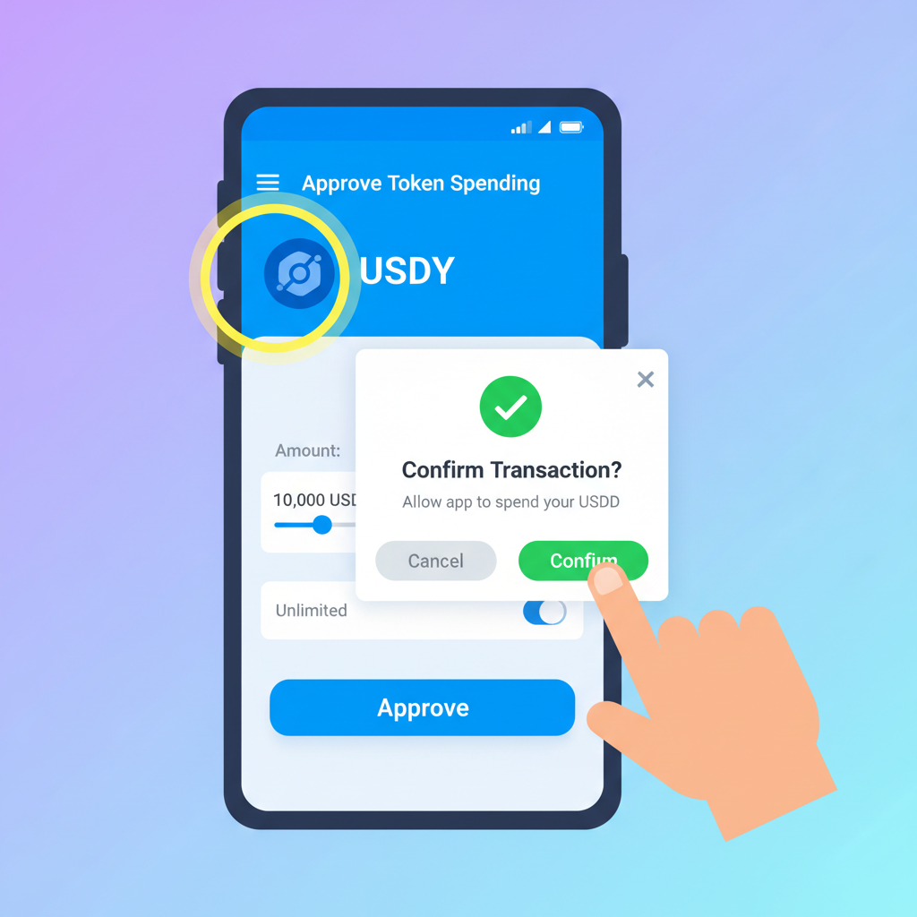 approve token spending screen on DeFi lending app, USDY token highlighted, transaction confirmation popup, vibrant interface