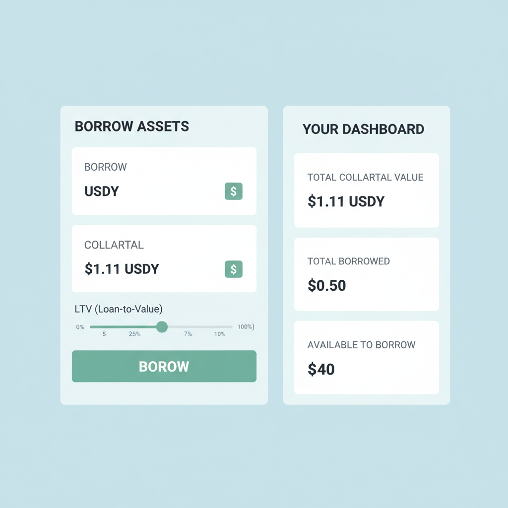 borrow assets screen against USDY collateral, LTV slider, borrow button, dashboard showing $1.11 USDY value