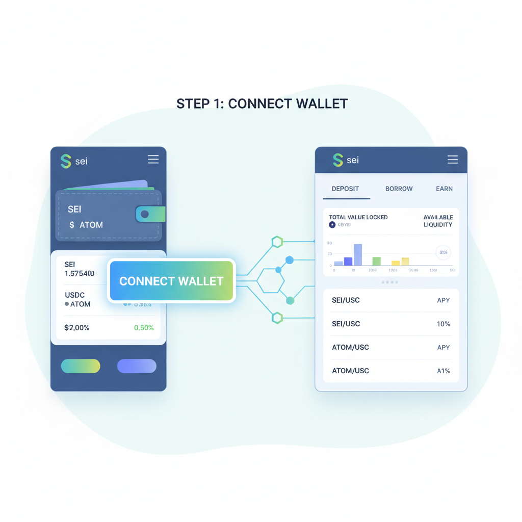 crypto wallet connecting to DeFi lending platform on Sei, clean dashboard interface, connect button highlighted, futuristic design