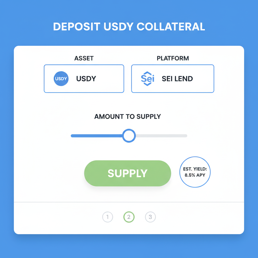 deposit USDY collateral interface on Sei lending platform, input amount slider, supply button, yield indicator visible