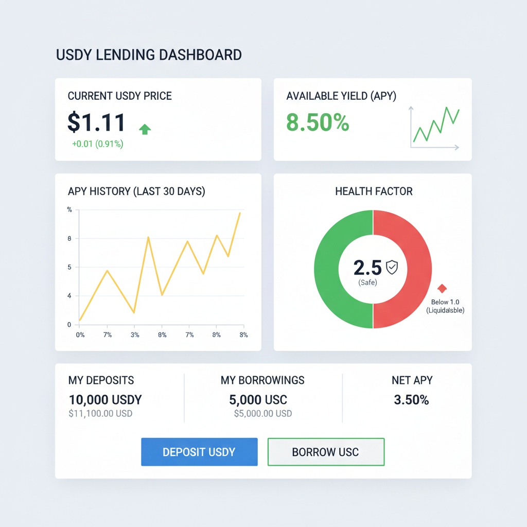 DeFi lending dashboard monitoring USDY yields, charts of APY and health factor, real-time data at $1.11 price, professional UI