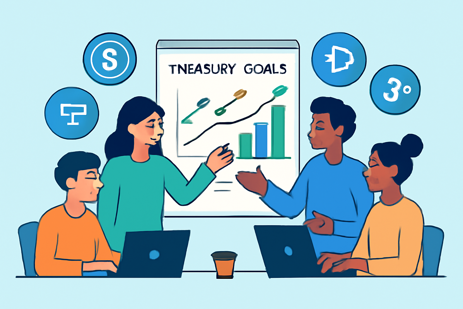 A group of DAO members analyzing charts and discussing treasury goals in a digital workspace, with stablecoin logos and decentralized finance icons.