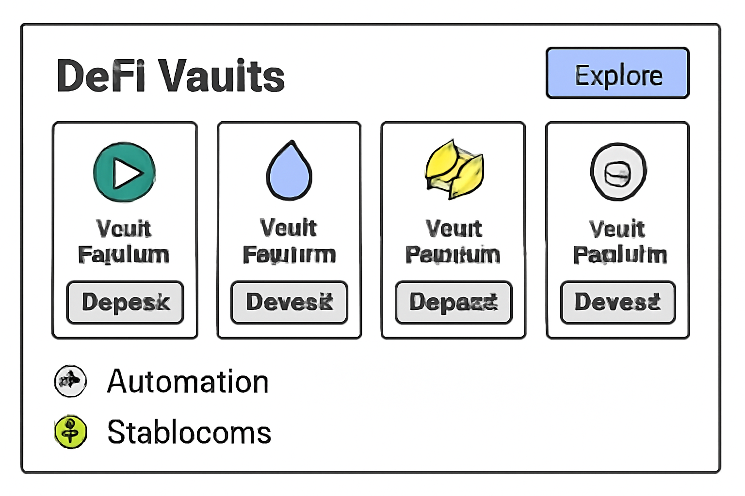 A digital dashboard displaying various DeFi vault platforms, highlighting automation features and stablecoin options.