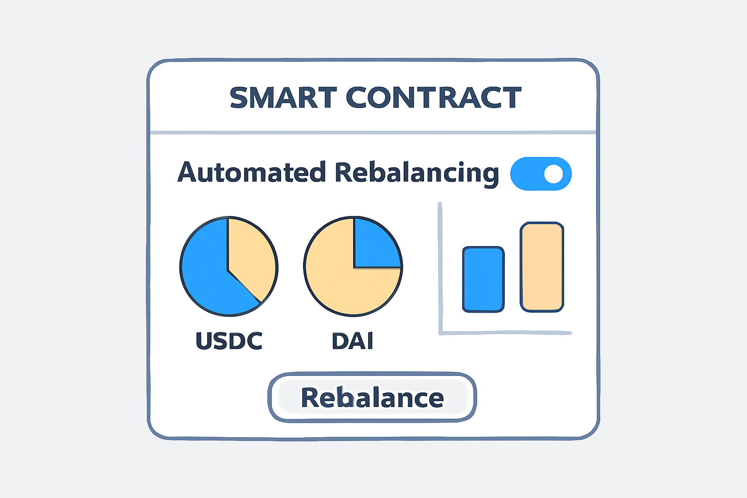 A smart contract interface showing automated rebalancing between USDC and DAI, with real-time allocation charts.