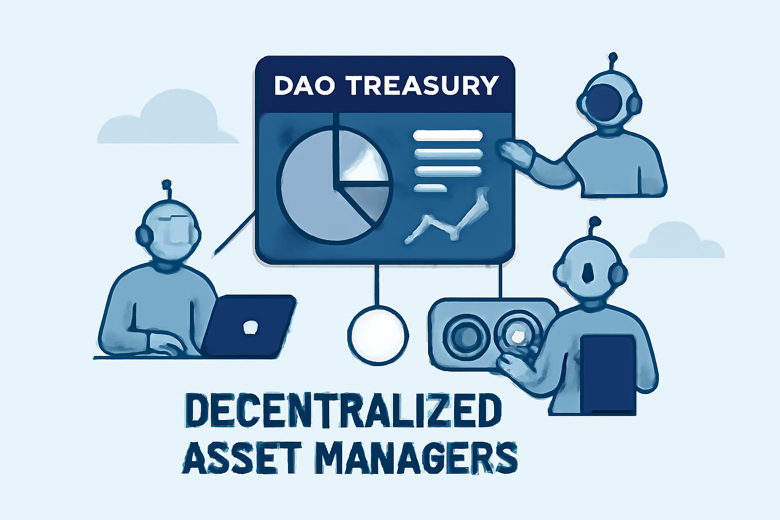 A futuristic DAO treasury interface showing decentralized asset managers optimizing allocations autonomously.