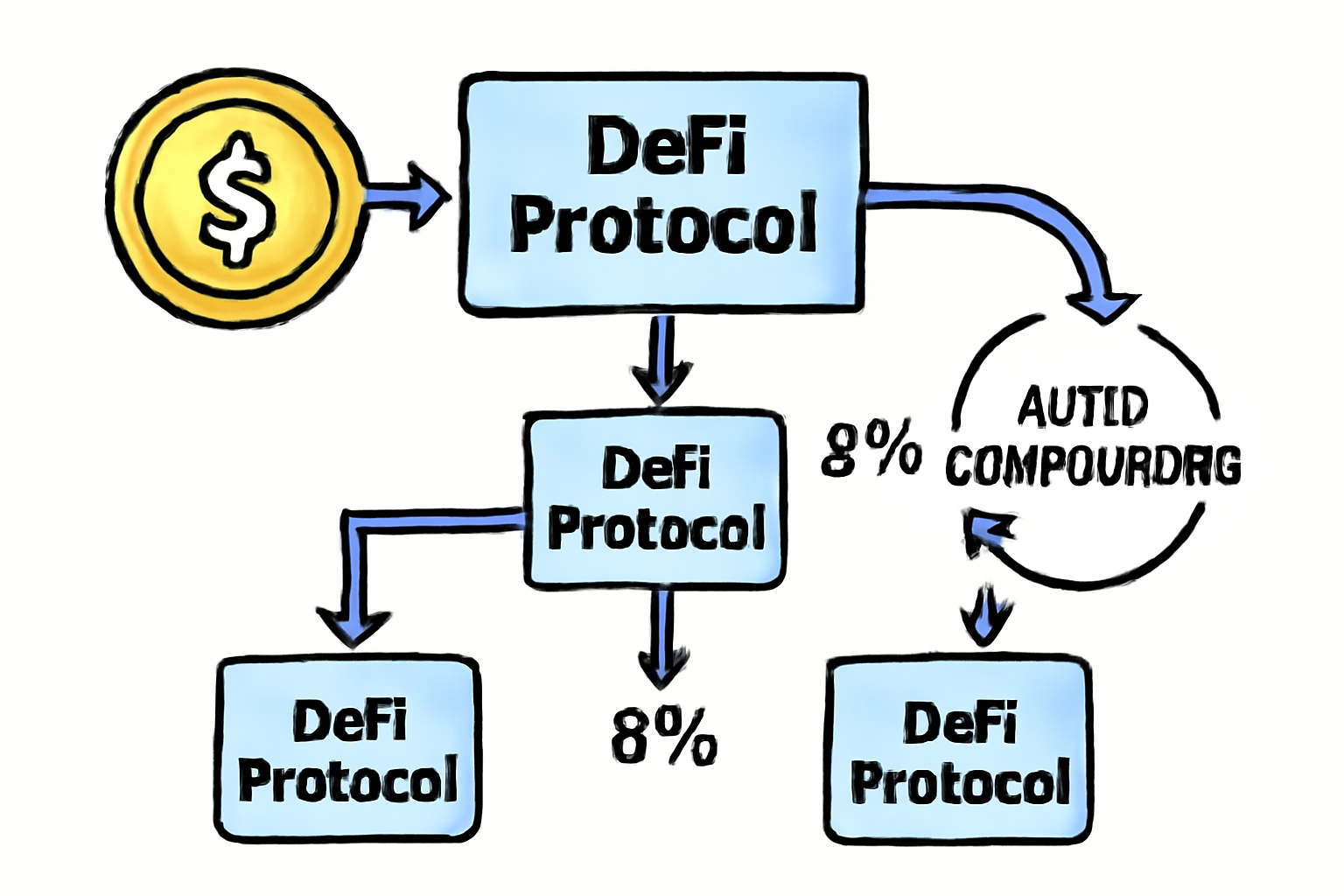 A flowchart illustrating stablecoins moving into different DeFi protocols, with yield percentages and auto-compounding arrows.