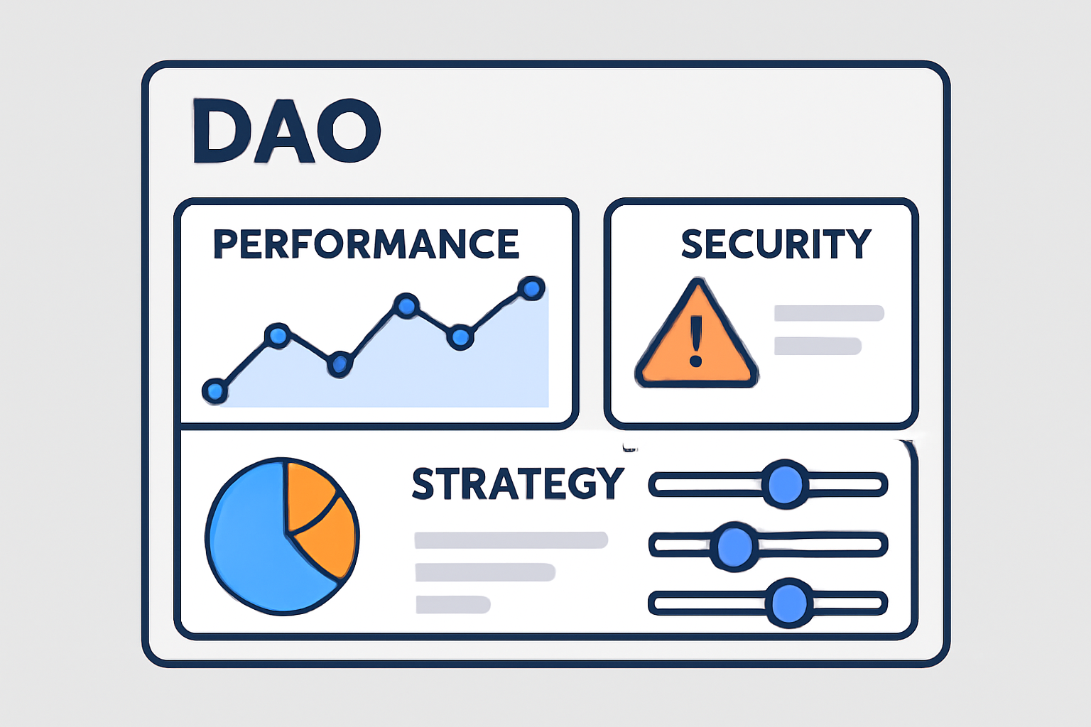 A DAO analytics dashboard with performance graphs, security alerts, and adjustable strategy sliders.