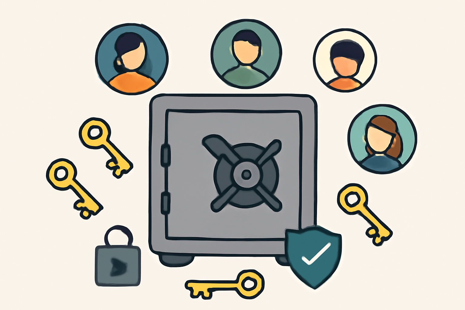 A secure digital vault with multiple keys, DAO avatars, and access control icons, emphasizing security layers.