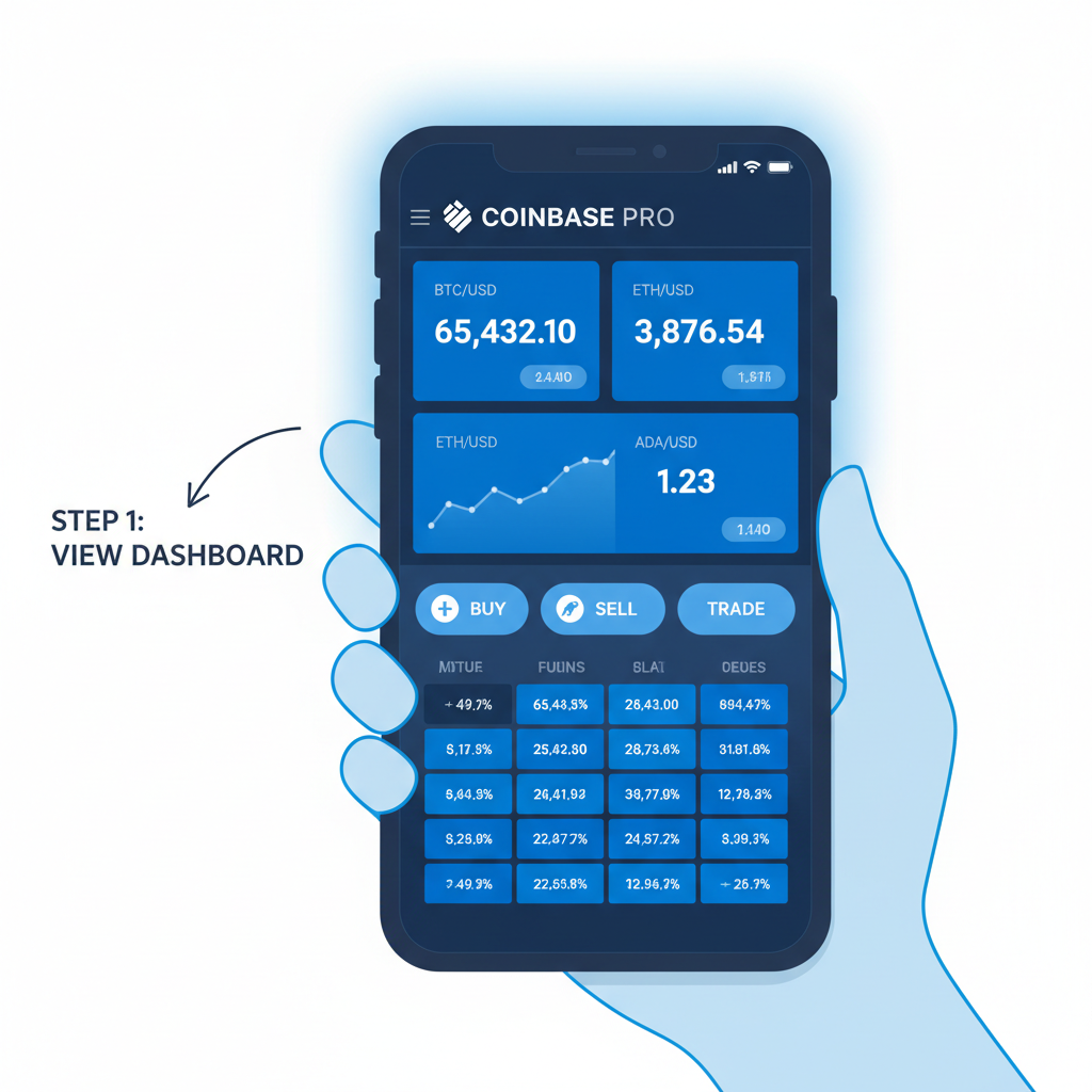 clean interface of Coinbase app on smartphone, professional trading dashboard, blue tones, modern UI