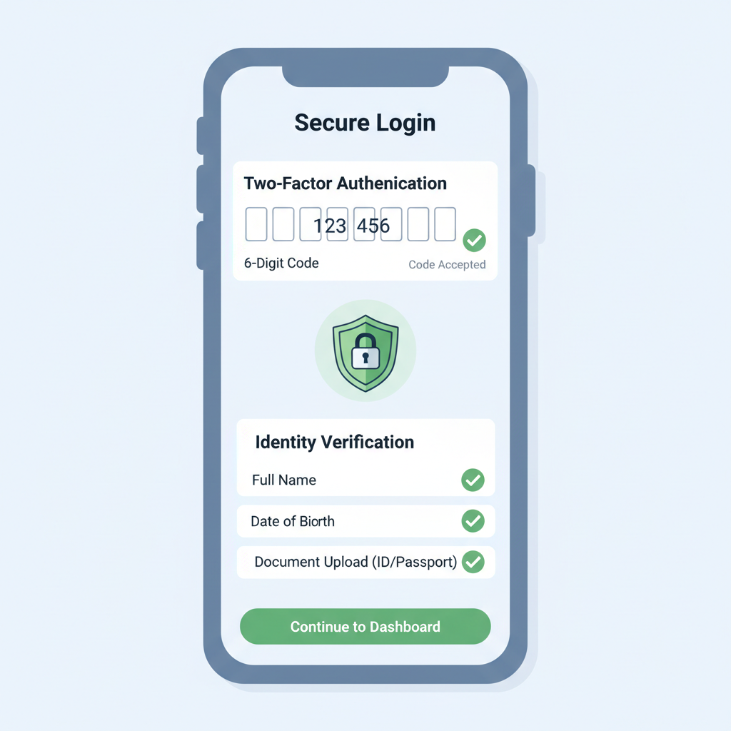 smartphone screen showing 2FA code entry and ID verification form, secure lock icon, green checkmarks