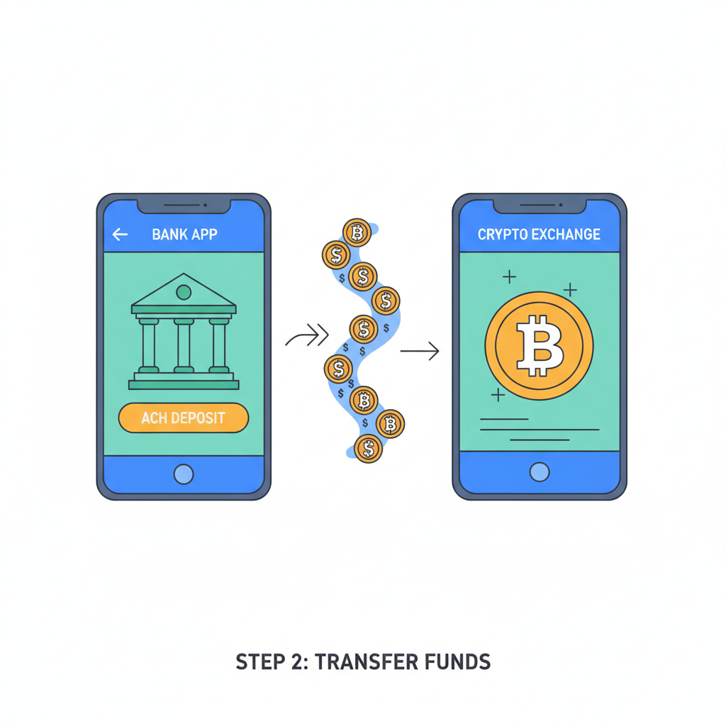 bank app transferring money to crypto exchange, ACH deposit screen, dollar signs flowing to bitcoin symbol